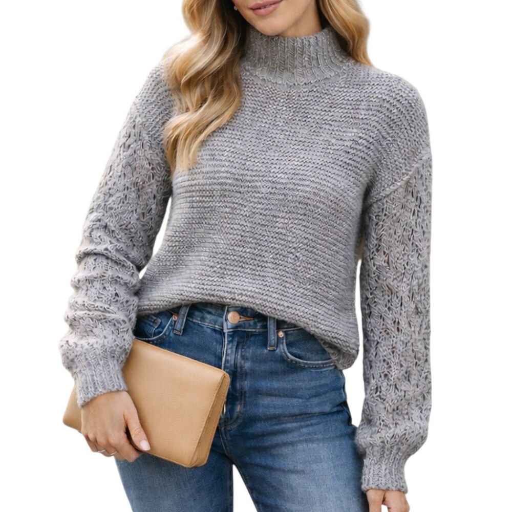 Universal Thread Pointelle Sleeve Turtleneck Sweater Gray‎